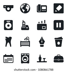 Set of vector isolated black icon - coffee vector, caries, earth, radio phone, speaker, pause button, notes, ink pen, mail, children room, washer, alcohol, web camera, intercome, calendar, case