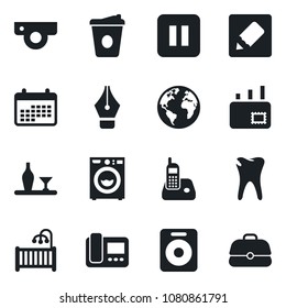 Set of vector isolated black icon - coffee vector, caries, earth, radio phone, speaker, pause button, notes, ink pen, mail, children room, washer, alcohol, web camera, intercome, calendar, case