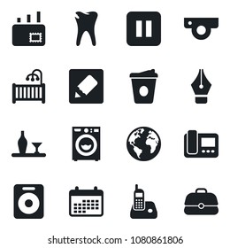 Set of vector isolated black icon - coffee vector, caries, earth, radio phone, speaker, pause button, notes, ink pen, mail, children room, washer, alcohol, web camera, intercome, calendar, case