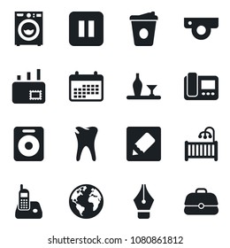 Set of vector isolated black icon - coffee vector, caries, earth, radio phone, speaker, pause button, notes, ink pen, mail, children room, washer, alcohol, web camera, intercome, calendar, case