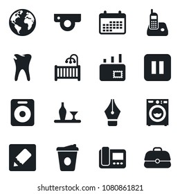 Set of vector isolated black icon - coffee vector, caries, earth, radio phone, speaker, pause button, notes, ink pen, mail, children room, washer, alcohol, web camera, intercome, calendar, case