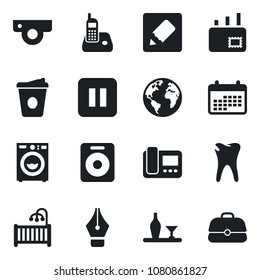 Set of vector isolated black icon - coffee vector, caries, earth, radio phone, speaker, pause button, notes, ink pen, mail, children room, washer, alcohol, web camera, intercome, calendar, case