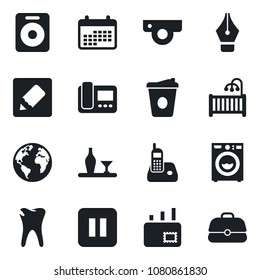 Set of vector isolated black icon - coffee vector, caries, earth, radio phone, speaker, pause button, notes, ink pen, mail, children room, washer, alcohol, web camera, intercome, calendar, case