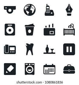 Set of vector isolated black icon - coffee vector, caries, earth, radio phone, speaker, pause button, notes, ink pen, mail, children room, washer, alcohol, web camera, intercome, calendar, case