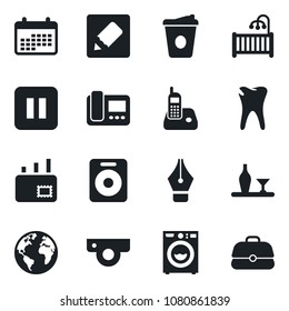 Set of vector isolated black icon - coffee vector, caries, earth, radio phone, speaker, pause button, notes, ink pen, mail, children room, washer, alcohol, web camera, intercome, calendar, case