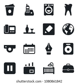 Set of vector isolated black icon - coffee vector, caries, earth, radio phone, speaker, pause button, notes, ink pen, mail, children room, washer, alcohol, web camera, intercome, calendar, case