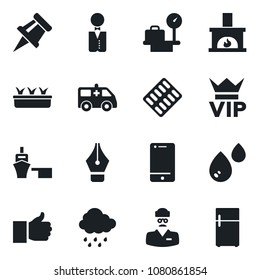 Set of vector isolated black icon - vip vector, luggage scales, seedling, rain, pills blister, ambulance car, doctor, sea port, cell phone, finger up, drawing pin, ink pen, fireplace, waiter, water