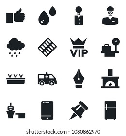 Set of vector isolated black icon - vip vector, luggage scales, seedling, rain, pills blister, ambulance car, doctor, sea port, cell phone, finger up, drawing pin, ink pen, fireplace, waiter, water