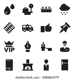 Set of vector isolated black icon - vip vector, luggage scales, seedling, rain, pills blister, ambulance car, doctor, sea port, cell phone, finger up, drawing pin, ink pen, fireplace, waiter, water