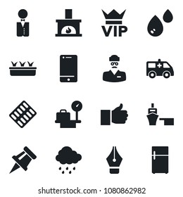 Set of vector isolated black icon - vip vector, luggage scales, seedling, rain, pills blister, ambulance car, doctor, sea port, cell phone, finger up, drawing pin, ink pen, fireplace, waiter, water