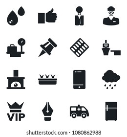 Set of vector isolated black icon - vip vector, luggage scales, seedling, rain, pills blister, ambulance car, doctor, sea port, cell phone, finger up, drawing pin, ink pen, fireplace, waiter, water