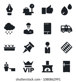 Set of vector isolated black icon - vip vector, luggage scales, seedling, rain, pills blister, ambulance car, doctor, sea port, cell phone, finger up, drawing pin, ink pen, fireplace, waiter, water