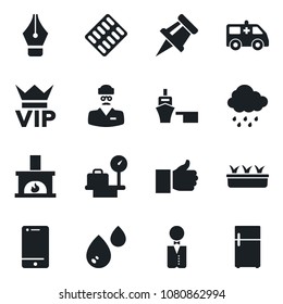 Set of vector isolated black icon - vip vector, luggage scales, seedling, rain, pills blister, ambulance car, doctor, sea port, cell phone, finger up, drawing pin, ink pen, fireplace, waiter, water