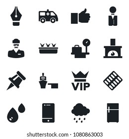 Set of vector isolated black icon - vip vector, luggage scales, seedling, rain, pills blister, ambulance car, doctor, sea port, cell phone, finger up, drawing pin, ink pen, fireplace, waiter, water