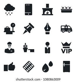 Set of vector isolated black icon - vip vector, luggage scales, seedling, rain, pills blister, ambulance car, doctor, sea port, cell phone, finger up, drawing pin, ink pen, fireplace, waiter, water