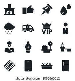 Set of vector isolated black icon - vip vector, luggage scales, seedling, rain, pills blister, ambulance car, doctor, sea port, cell phone, finger up, drawing pin, ink pen, fireplace, waiter, water
