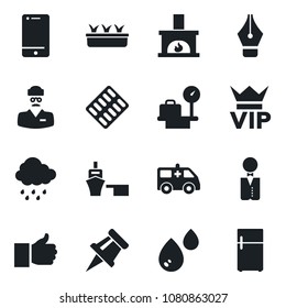 Set of vector isolated black icon - vip vector, luggage scales, seedling, rain, pills blister, ambulance car, doctor, sea port, cell phone, finger up, drawing pin, ink pen, fireplace, waiter, water