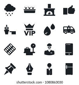 Set of vector isolated black icon - vip vector, luggage scales, seedling, rain, pills blister, ambulance car, doctor, sea port, cell phone, finger up, drawing pin, ink pen, fireplace, waiter, water