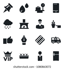 Set of vector isolated black icon - vip vector, luggage scales, seedling, rain, pills blister, ambulance car, doctor, sea port, cell phone, finger up, drawing pin, ink pen, fireplace, waiter, water
