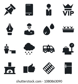Set of vector isolated black icon - vip vector, luggage scales, seedling, rain, pills blister, ambulance car, doctor, sea port, cell phone, finger up, drawing pin, ink pen, fireplace, waiter, water