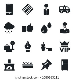 Set of vector isolated black icon - vip vector, luggage scales, seedling, rain, pills blister, ambulance car, doctor, sea port, cell phone, finger up, drawing pin, ink pen, fireplace, waiter, water