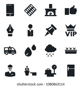 Set of vector isolated black icon - vip vector, luggage scales, seedling, rain, pills blister, ambulance car, doctor, sea port, cell phone, finger up, drawing pin, ink pen, fireplace, waiter, water