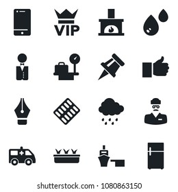 Set of vector isolated black icon - vip vector, luggage scales, seedling, rain, pills blister, ambulance car, doctor, sea port, cell phone, finger up, drawing pin, ink pen, fireplace, waiter, water