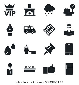 Set of vector isolated black icon - vip vector, luggage scales, seedling, rain, pills blister, ambulance car, doctor, sea port, cell phone, finger up, drawing pin, ink pen, fireplace, waiter, water