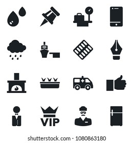 Set of vector isolated black icon - vip vector, luggage scales, seedling, rain, pills blister, ambulance car, doctor, sea port, cell phone, finger up, drawing pin, ink pen, fireplace, waiter, water