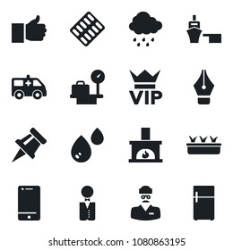Set of vector isolated black icon - vip vector, luggage scales, seedling, rain, pills blister, ambulance car, doctor, sea port, cell phone, finger up, drawing pin, ink pen, fireplace, waiter, water