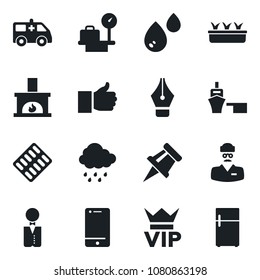 Set of vector isolated black icon - vip vector, luggage scales, seedling, rain, pills blister, ambulance car, doctor, sea port, cell phone, finger up, drawing pin, ink pen, fireplace, waiter, water