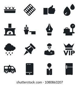 Set of vector isolated black icon - vip vector, luggage scales, seedling, rain, pills blister, ambulance car, doctor, sea port, cell phone, finger up, drawing pin, ink pen, fireplace, waiter, water