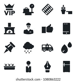 Set of vector isolated black icon - vip vector, luggage scales, seedling, rain, pills blister, ambulance car, doctor, sea port, cell phone, finger up, drawing pin, ink pen, fireplace, waiter, water