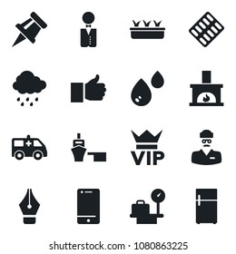Set of vector isolated black icon - vip vector, luggage scales, seedling, rain, pills blister, ambulance car, doctor, sea port, cell phone, finger up, drawing pin, ink pen, fireplace, waiter, water