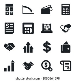 Set of vector isolated black icon - growth statistic vector, dollar sign, calculator, abacus, receipt, handshake, credit card, arrow up graph, wallet, crisis, money search, contract