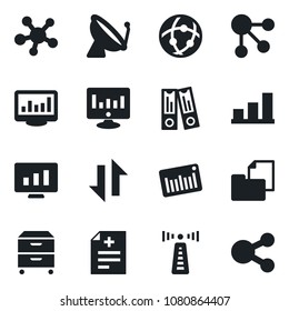 Set of vector isolated black icon - antenna vector, satellite, office binder, statistic monitor, diagnosis, folder document, barcode, share, network, data exchange, statistics, bar graph
