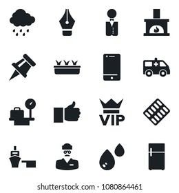 Set of vector isolated black icon - vip vector, luggage scales, seedling, rain, pills blister, ambulance car, doctor, sea port, cell phone, finger up, drawing pin, ink pen, fireplace, waiter, water