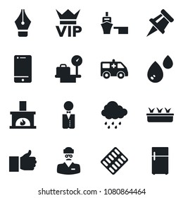 Set of vector isolated black icon - vip vector, luggage scales, seedling, rain, pills blister, ambulance car, doctor, sea port, cell phone, finger up, drawing pin, ink pen, fireplace, waiter, water
