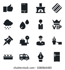 Set of vector isolated black icon - vip vector, luggage scales, seedling, rain, pills blister, ambulance car, doctor, sea port, cell phone, finger up, drawing pin, ink pen, fireplace, waiter, water