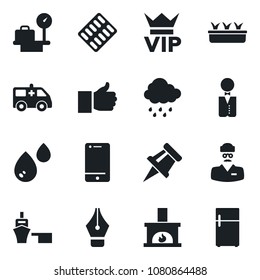 Set of vector isolated black icon - vip vector, luggage scales, seedling, rain, pills blister, ambulance car, doctor, sea port, cell phone, finger up, drawing pin, ink pen, fireplace, waiter, water