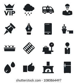 Set of vector isolated black icon - vip vector, luggage scales, seedling, rain, pills blister, ambulance car, doctor, sea port, cell phone, finger up, drawing pin, ink pen, fireplace, waiter, water