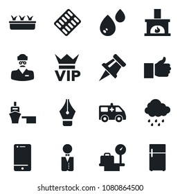 Set of vector isolated black icon - vip vector, luggage scales, seedling, rain, pills blister, ambulance car, doctor, sea port, cell phone, finger up, drawing pin, ink pen, fireplace, waiter, water