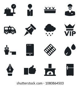 Set of vector isolated black icon - vip vector, luggage scales, seedling, rain, pills blister, ambulance car, doctor, sea port, cell phone, finger up, drawing pin, ink pen, fireplace, waiter, water
