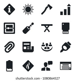 Set of vector isolated black icon - sun vector, growth statistic, axe, picnic table, speaker, low battery, hdmi, jack connector, scanner, company, paper clip, news, smoke detector, information