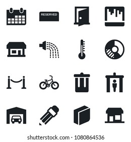 Set of vector isolated black icon - fence vector, security gate, trash bin, calendar, circle chart, watering, bike, store, scanner, blank box, pencil, garage, reserved, thermometer, door, storefront