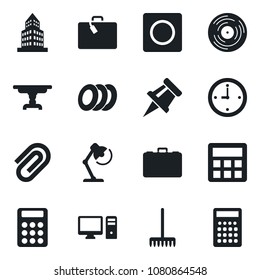 Set of vector isolated black icon - suitcase vector, case, rake, vinyl, calculator, record, clock, drawing pin, paper clip, office building, desk lamp, table, plates, pc