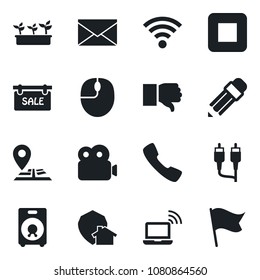 Set of vector isolated black icon - wireless notebook vector, mail, mouse, seedling, navigation, speaker, finger down, stop button, rca, call, video, pencil, sale, home protect, flag