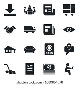 Set of vector isolated black icon - waiting area vector, passport, lawn mower, eye, mobile tracking, car delivery, consolidated cargo, news, download, meeting, handshake, house with garage, cash