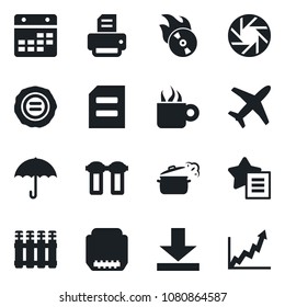 Set of vector isolated black icon - document vector, stamp, printer, plane, umbrella, flame disk, favorites list, hdmi, mobile camera, calendar, download, coffee, steaming pan, water filter