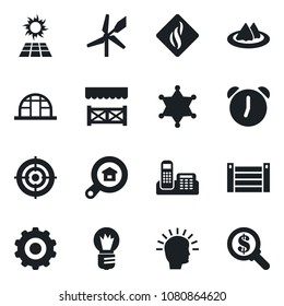 Set of vector isolated black icon - gear vector, bulb, greenhouse, container, alarm, office phone, target, estate search, serviette, alcove, smoke detector, police, sun panel, windmill, shining head